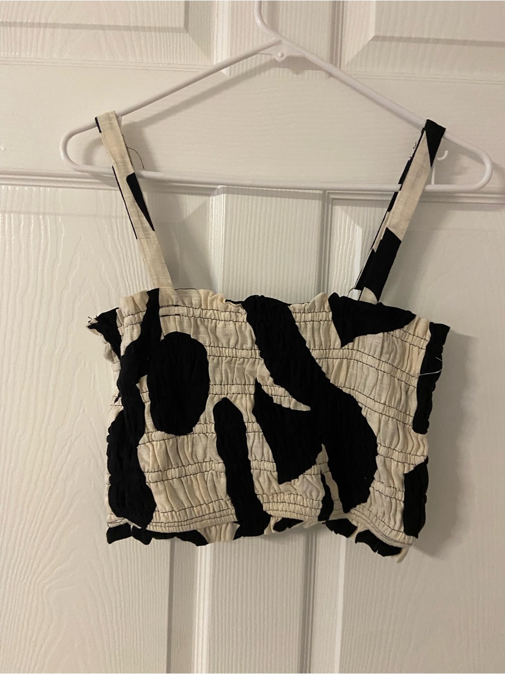 T42- PAPER HEART Black-White Smocked COW Print Crop Top